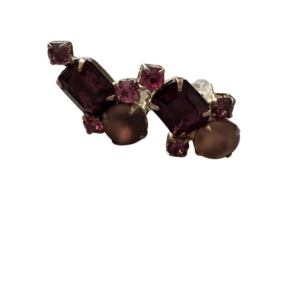 Vintage Purple Rhinestone Clip On Earrings - Picture 1 of 5